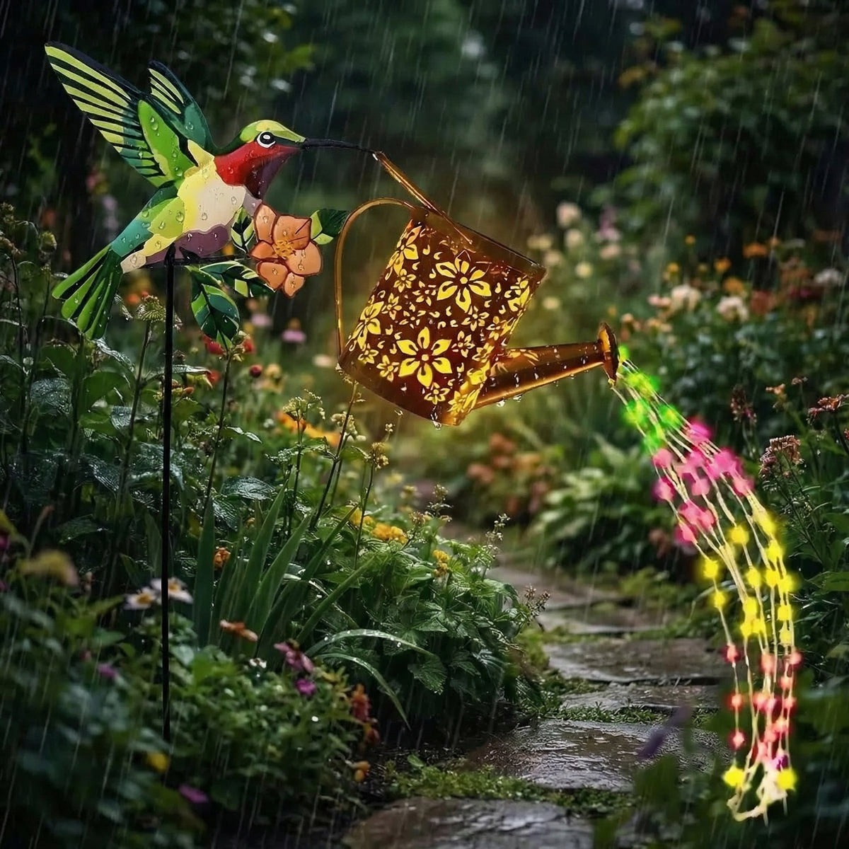 Solar Hummingbird Watering Can Garden Stake Light – Bird-Shaped Flower Solar Lights for Patio, Yard, Lawn & Garden Decor, Outdoor LED Landscape Ambiance Lighting