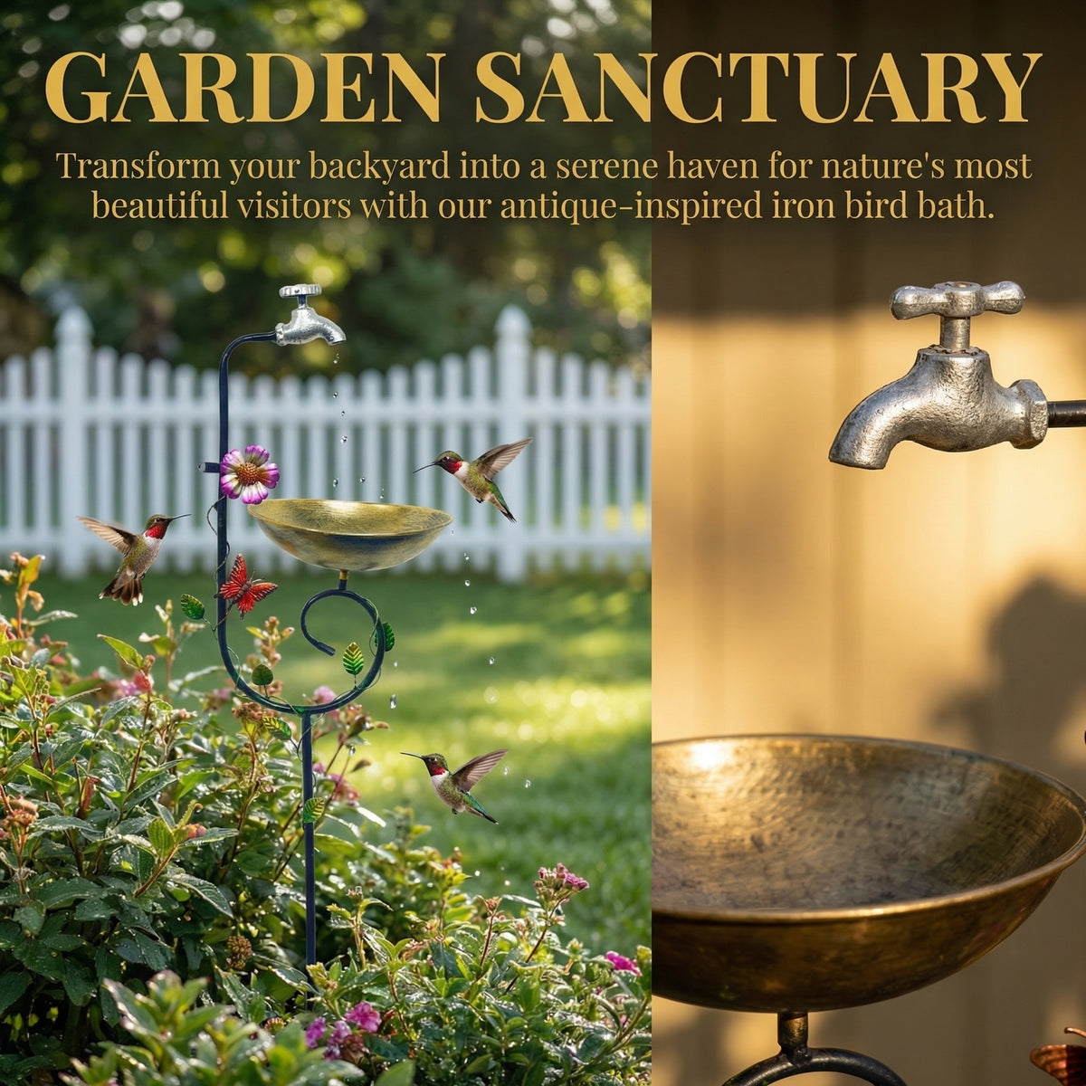 Vintage Faucet Garden Bird Bath Feeder Stake – Decorative Outdoor Bird Feeder with Water Bowl & Butterfly Accents