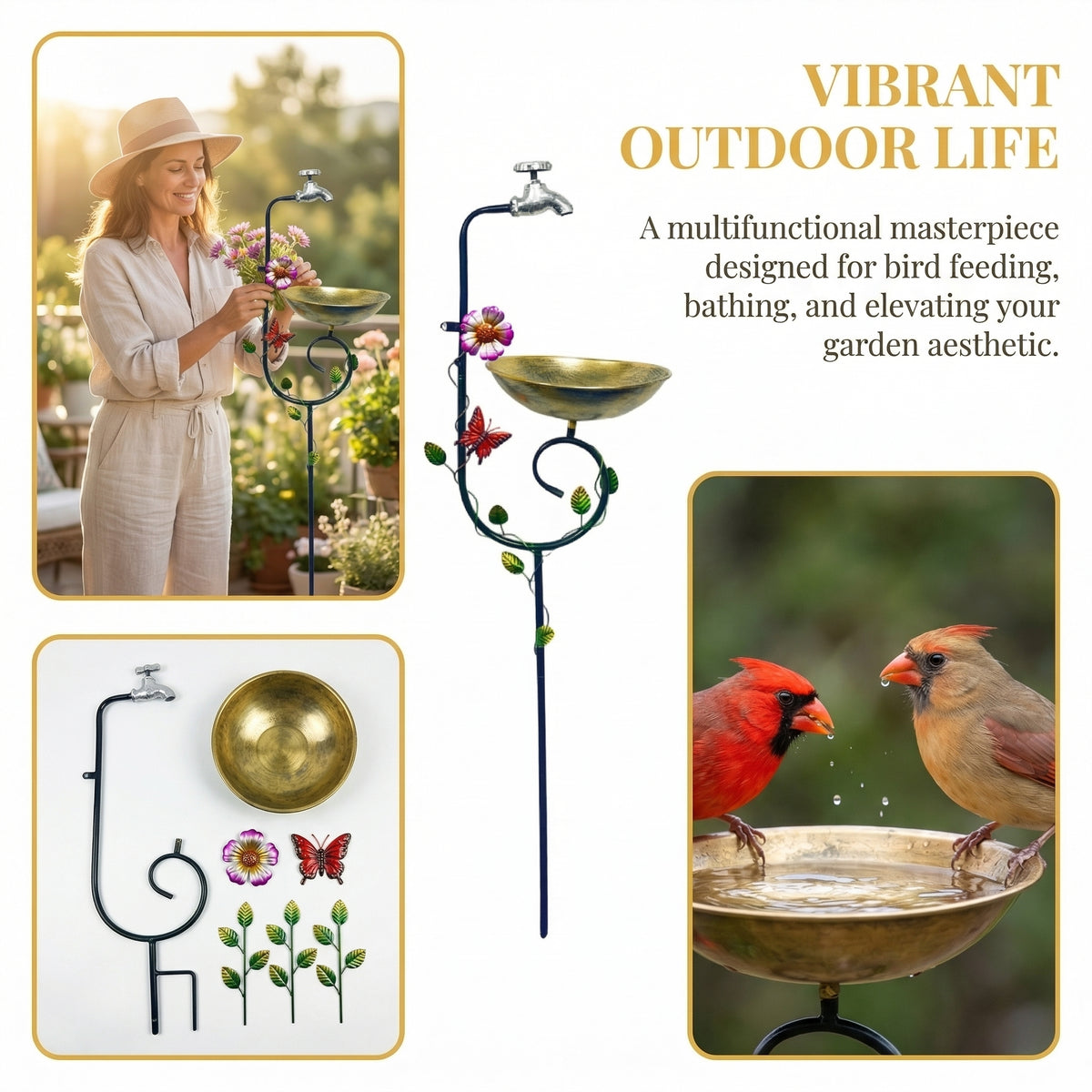 Vintage Faucet Garden Bird Bath Feeder Stake – Decorative Outdoor Bird Feeder with Water Bowl & Butterfly Accents
