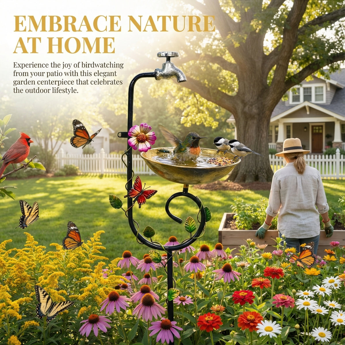 Vintage Faucet Garden Bird Bath Feeder Stake – Decorative Outdoor Bird Feeder with Water Bowl & Butterfly Accents