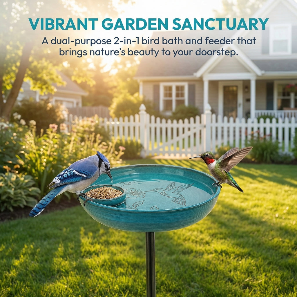 Outdoor Metal Bird Bath with Feeder – 37" Tall Garden Decor