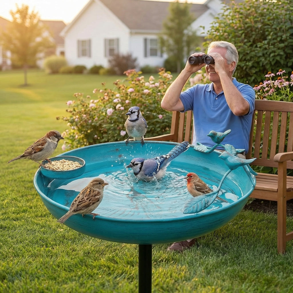 Outdoor Metal Bird Bath with Feeder – 37" Tall Garden Decor