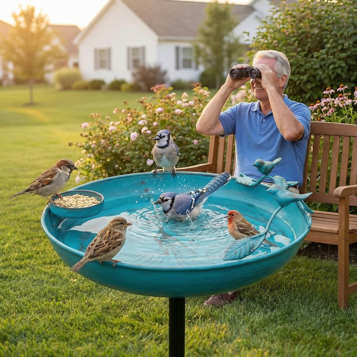 Outdoor Metal Bird Bath with Feeder – 37" Tall Garden Decor
