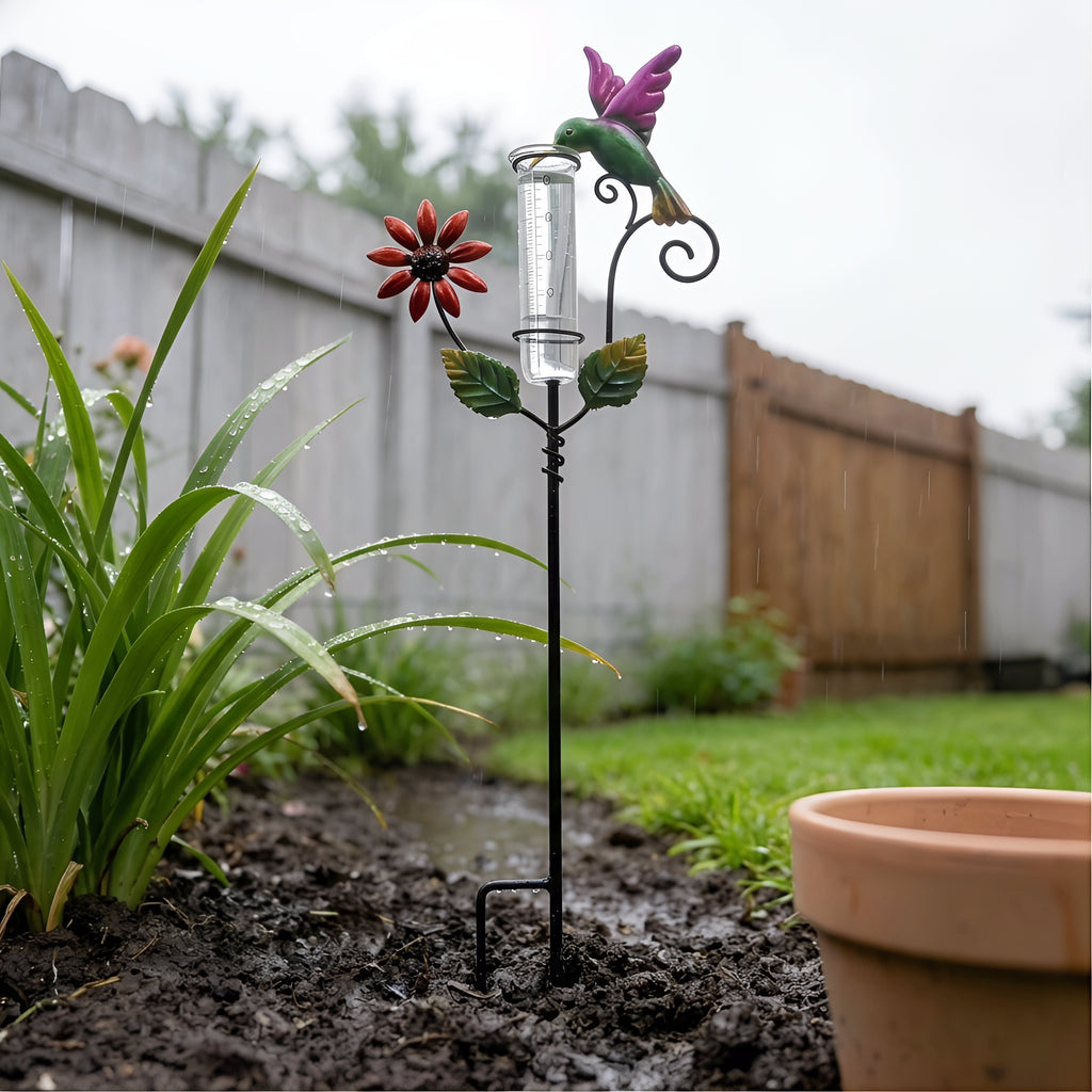 Hummingbird & Flower Garden Stake Rain Gauge