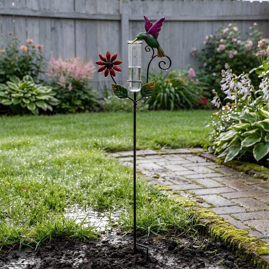 Hummingbird & Flower Garden Stake Rain Gauge
