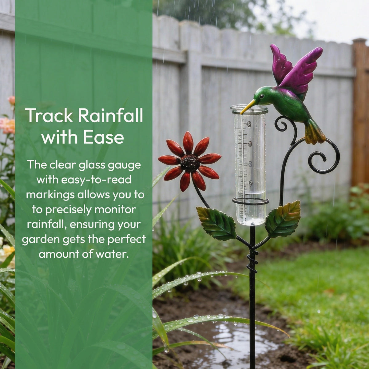 Hummingbird & Flower Garden Stake Rain Gauge