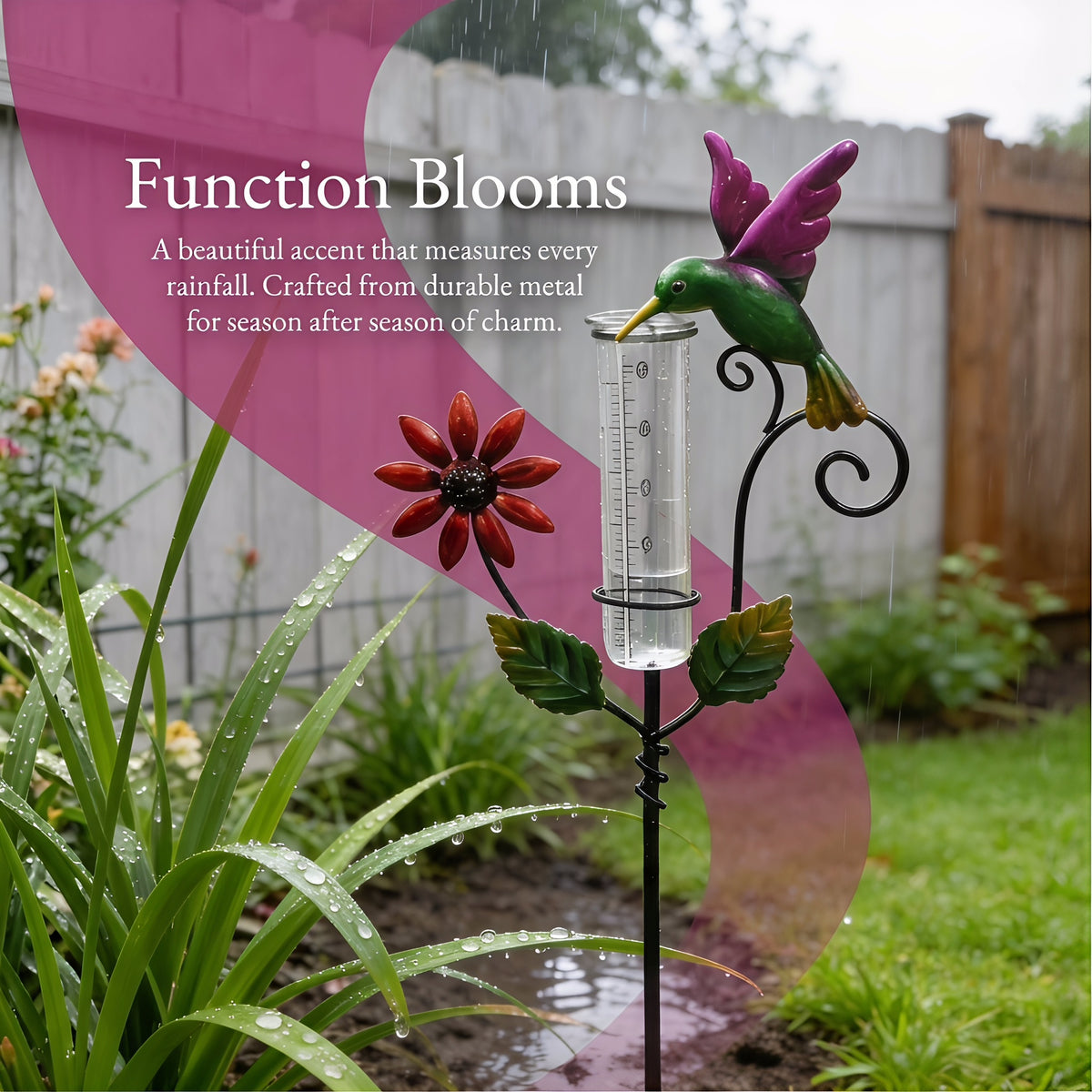 Hummingbird & Flower Garden Stake Rain Gauge