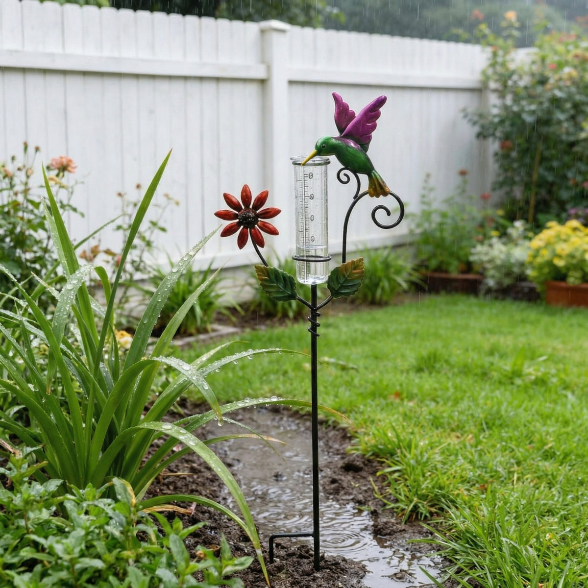 Hummingbird & Flower Garden Stake Rain Gauge