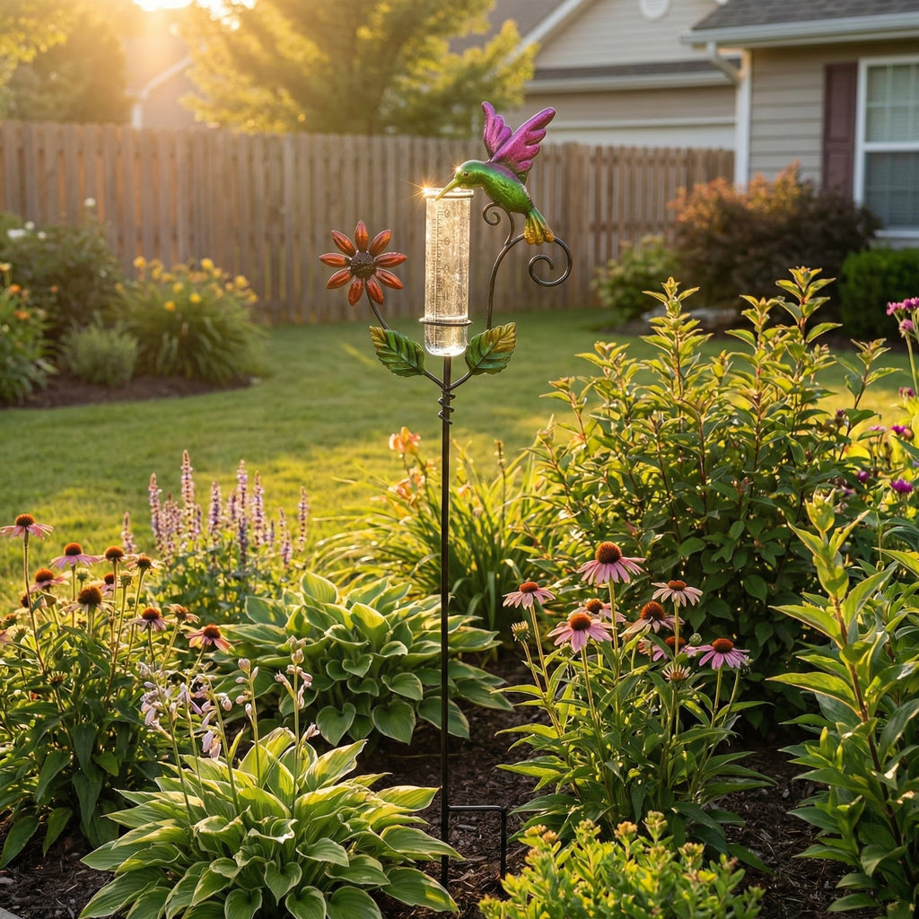 Hummingbird & Flower Garden Stake Rain Gauge