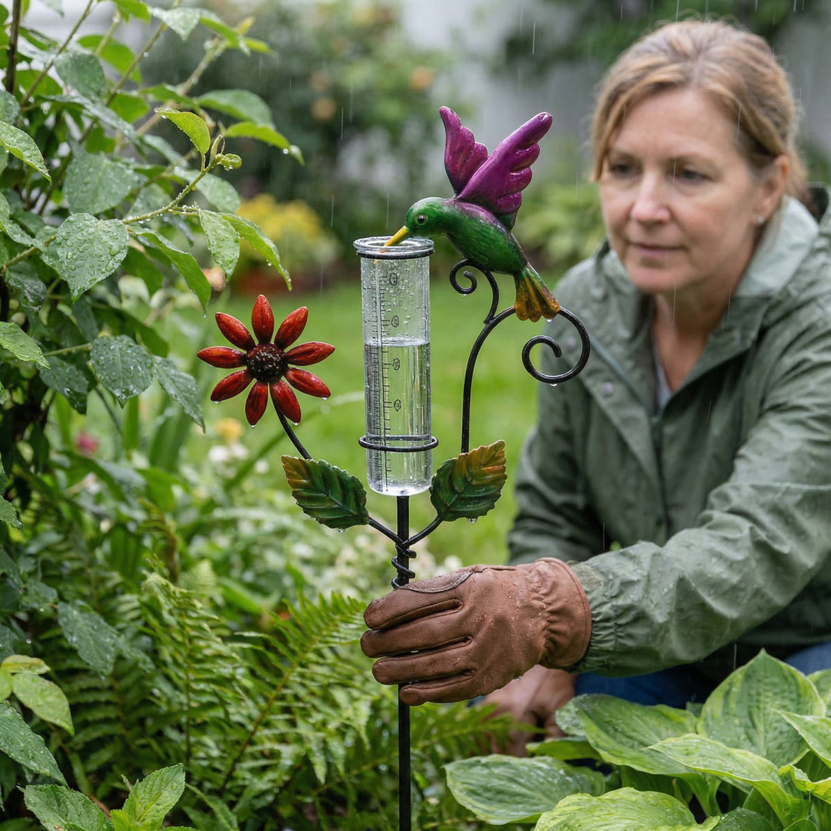 Hummingbird & Flower Garden Stake Rain Gauge