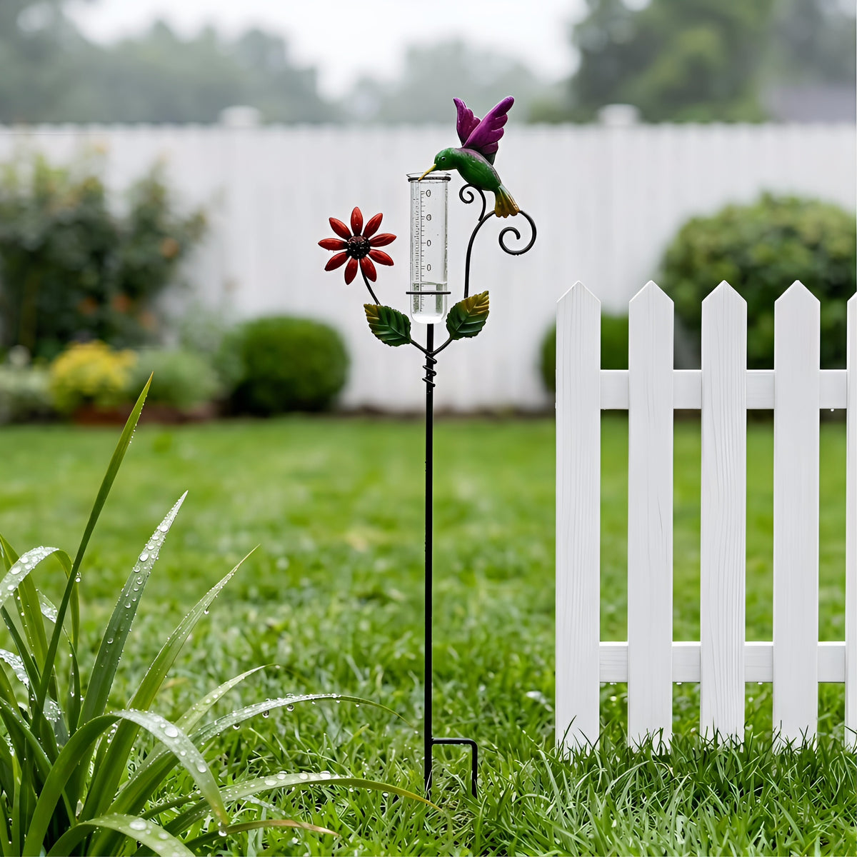 Hummingbird & Flower Garden Stake Rain Gauge