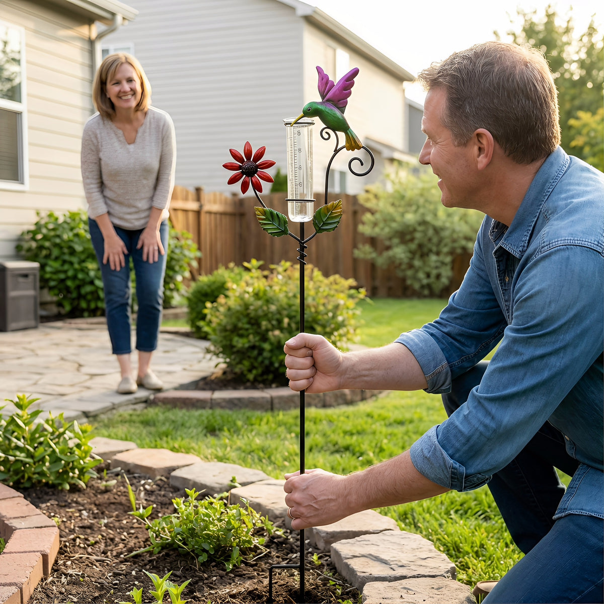 Hummingbird & Flower Garden Stake Rain Gauge